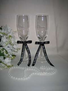 Bride & Groom Etched Toasting Glasses Black Bows with Message Ribbon