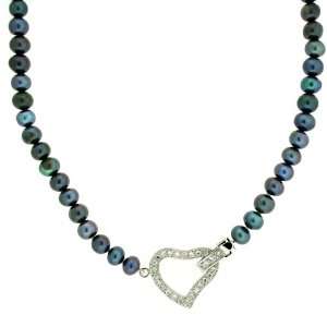  Pearl Necklace Freshwater Cultured Black Heart Pendant CZ 
