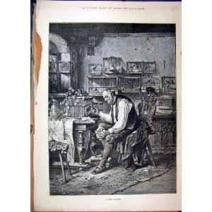  1886 Man Sitting Chair Bird Cage Branch Twig Old Print 